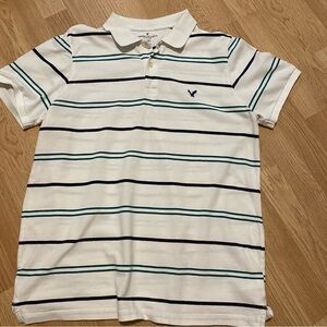 American Eagle Outfitters White Polo with Navy & Teal Stripes